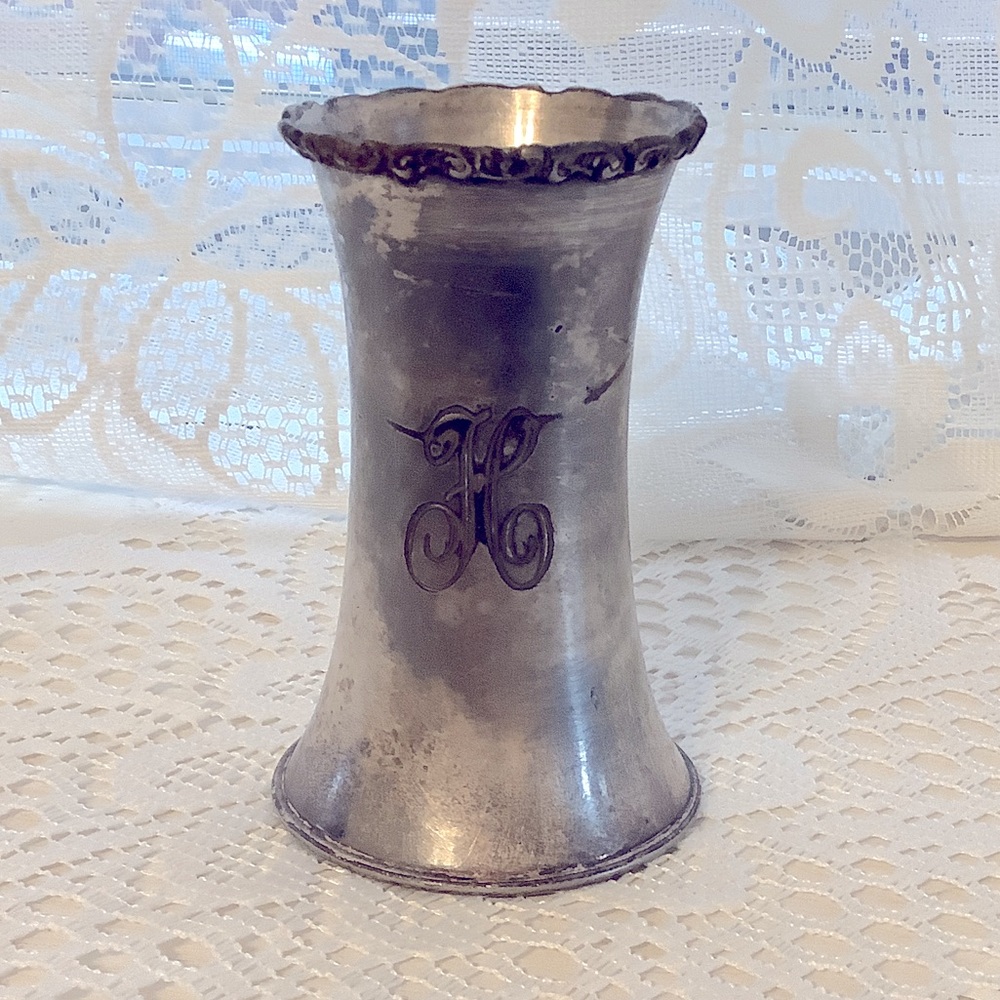 “ H” sign vintage sterling co. Silver plated vase